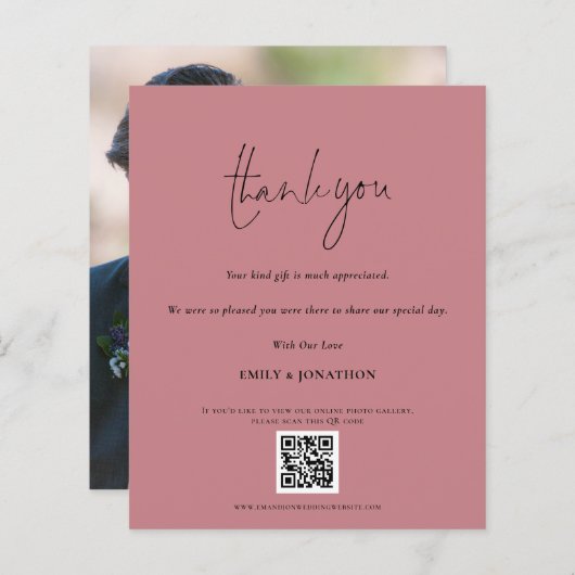 Papier Budget Script QR Code Mariage photo rose Merci (Devant / Derrière)