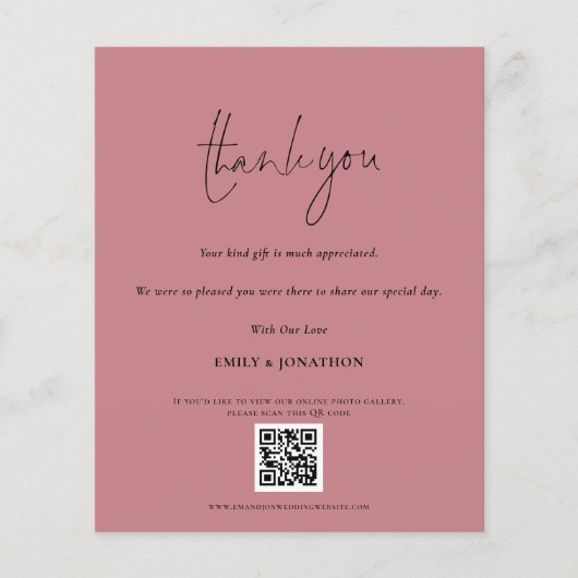 Papier Budget Script QR Code Mariage photo rose Merci (Devant)