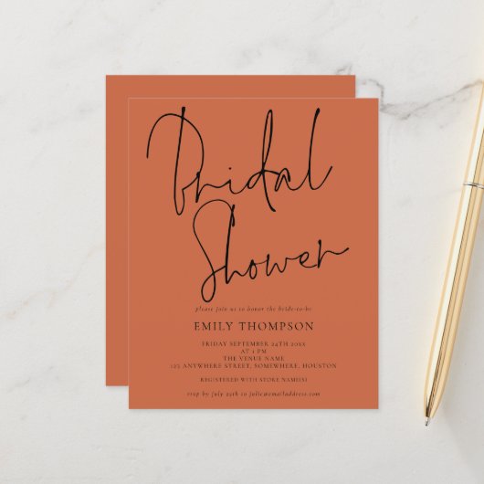 Papier Budget Script Terracotta Bridal Shower Invitation (Devant/Arrière en situation)