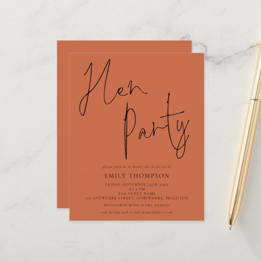Papier Budget Script Terracotta Hen Party Invitation (Devant/Arrière en situation)
