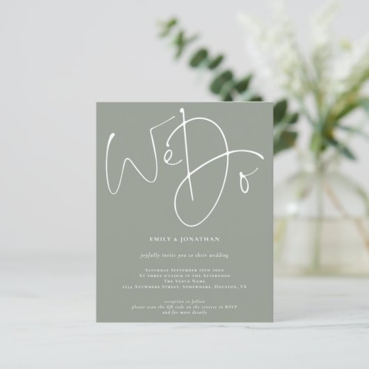Papier Budget Script We Do Sage QR Code Wedding Invite (Debout devant)