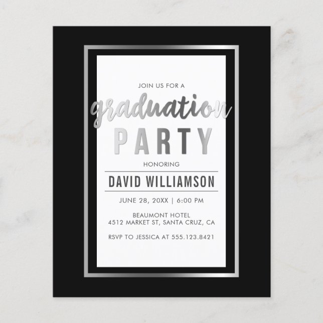 Papier Budget Silver & Black Typography Graduation Party (Devant)