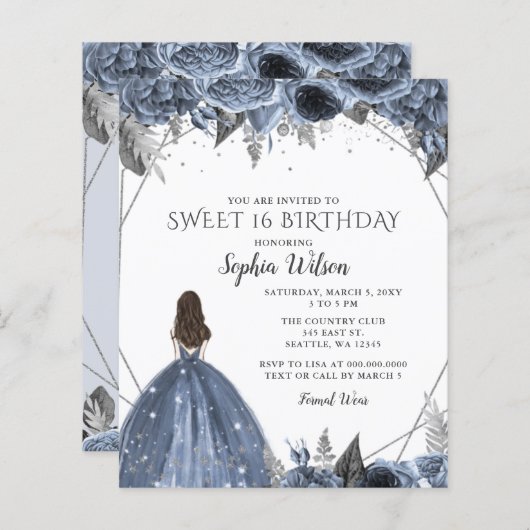 Papier Budget Silver Dusty Blue Robe Sweet 16 Invitation (Devant / Derrière)