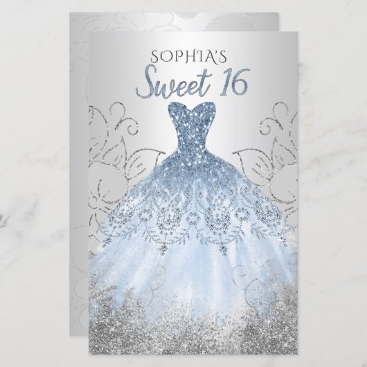 Papier Budget Silver Dusty Blue Robe Sweet 16 Invitation (Devant / Derrière)