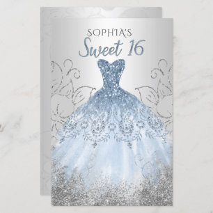 Papier Budget Silver Dusty Blue Robe Sweet 16 Invitation