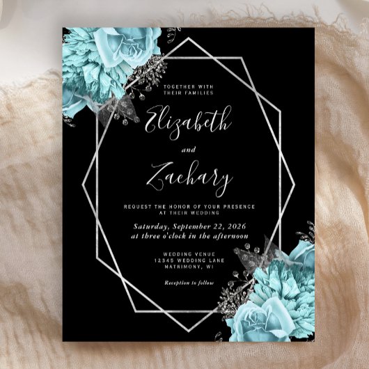Papier Budget Silver Frame Aqua Floral Black Wedding