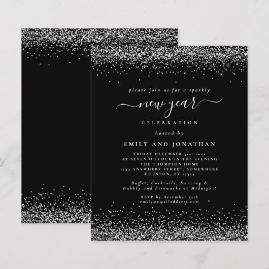 Papier Budget Silver Gilitter Noir Nouvel an Fête Invit (Devant / Derrière)