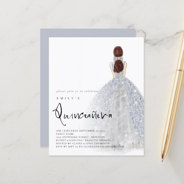 Papier Budget Silver Gown Brunette Hair QR Quinceañera (Devant/Arrière en situation)