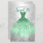 Papier Budget Silver Green Robe Sweet 16 Invitation (Devant / Derrière)