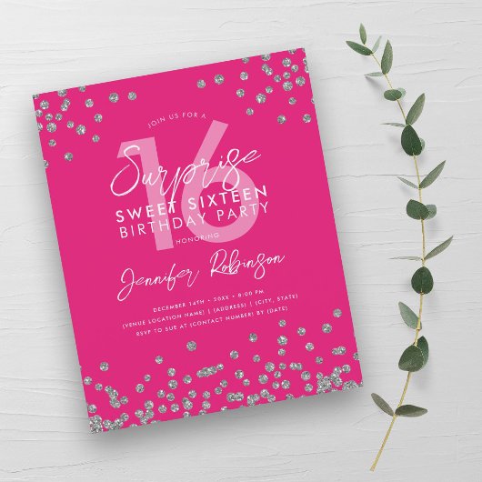 Papier Budget Silver Hot Pink Confetti Sweet 16 Invitatio