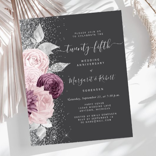 Papier Budget Silver Mauve Floral Gray 25th Anniversary