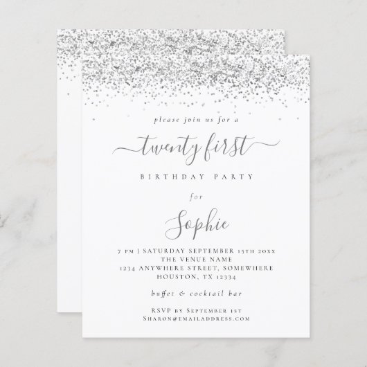 Papier Budget Silver Parties scintillant Girly Invitation (Devant / Derrière)