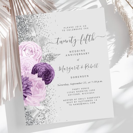 Papier Budget Silver Purple Floral 25th Anniversary Party