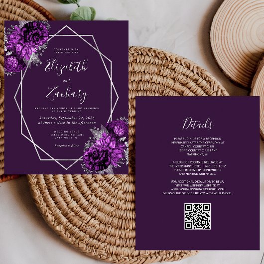 Papier Budget Silver Purple Plum Floral QR Code Mariage