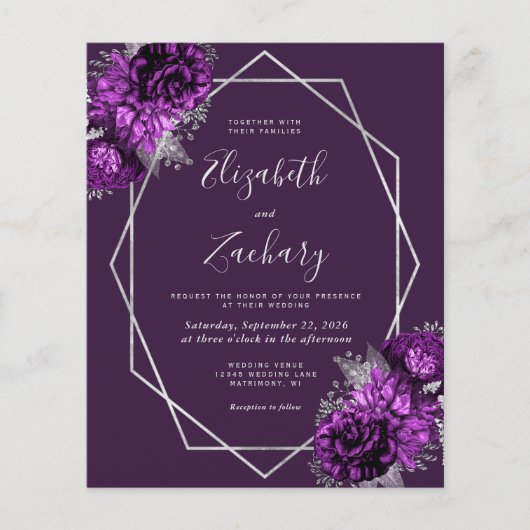 Papier Budget Silver Purple Plum Floral QR Code Mariage (Devant)