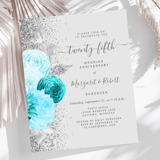Papier Budget Silver Teal Floral 25th Anniversary Party