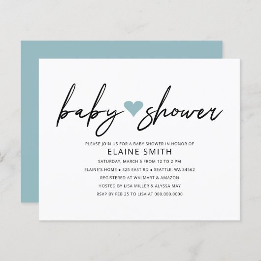 Papier Budget Simple Baby shower bleu coeur Invitation (Devant / Derrière)