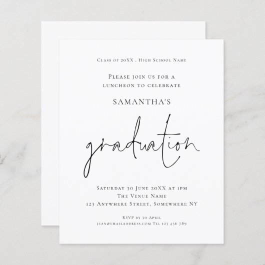 Papier Budget Simple Black White Grad Luncheon Invitation (Devant / Derrière)