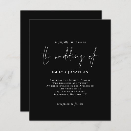 Papier Budget Simple Blanc Noir Faire-part de mariage (Devant / Derrière)