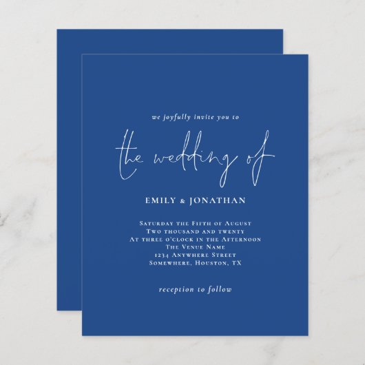 Papier Budget Simple Bleu Bleu QR Code Mariage Invitation (Devant / Derrière)