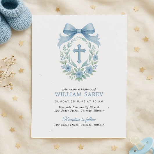 Papier Budget Simple Blue Boy Baptême Invitation avec Bow