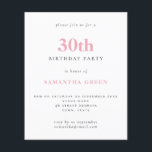 Papier Budget Simple Blush Pink 30e anniversaire Invitati<br><div class="desc">Budget Simple Texte Blush 30th Birthday Invitation. Un rapport qualité/prix inférieur 4, 5 x 5, 6 pouces alternative par défaut à l'option semi-brillant qui est recommandé pour les invitations et est une épaisseur similaire à une carte postale. L'option satin est beaucoup plus mince papier. La couleur et le type de...</div>