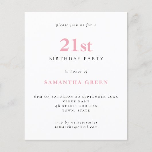 Papier Budget Simple Blush rose 21e Anniversaire Invitati (Devant)
