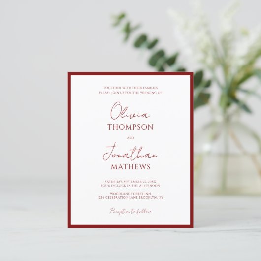 Papier BUDGET Simple Bourgogne Rouge Mariage de script (Debout devant)