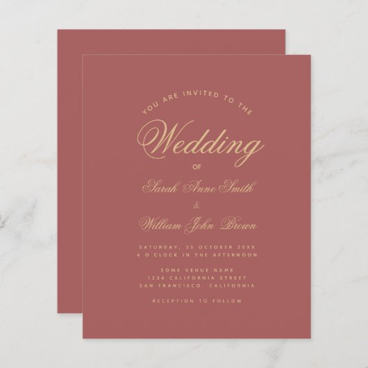 Papier Budget Simple Cinnamon Rose Faire-part de mariage (Devant / Derrière)