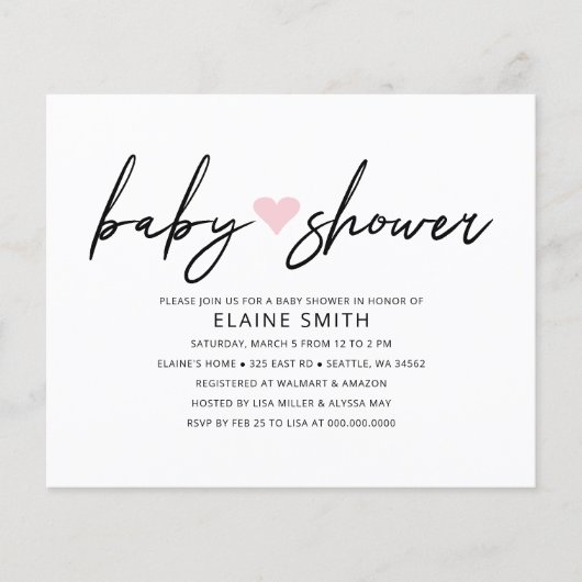 Papier Budget Simple Coeur rose Baby shower Invitation (Devant)
