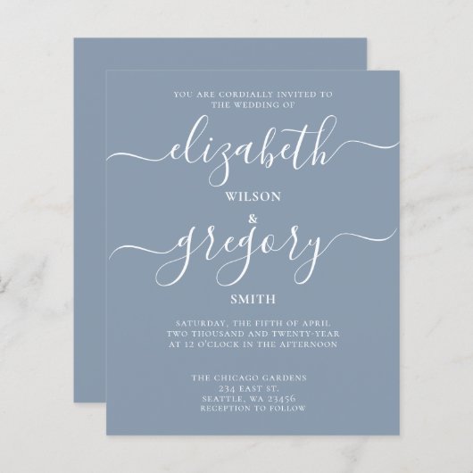 Papier Budget Simple Dusty Blue Moderne Faire-part de mar (Devant / Derrière)