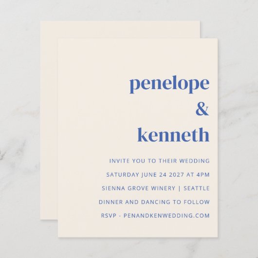 Papier Budget simple Faire-part de mariage bleu ivoire (Devant / Derrière)