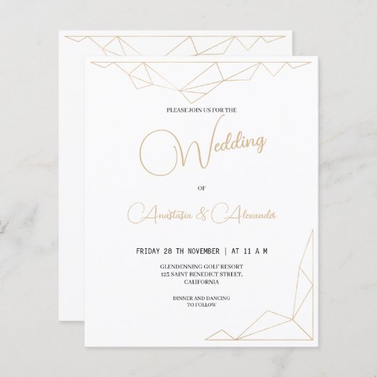 Papier Budget Simple Gold Faire-part de mariage. (Devant / Derrière)