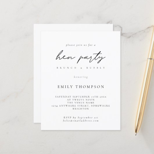 Papier Budget Simple Hen Party Brunch Bubbly Invitation (Devant/Arrière en situation)