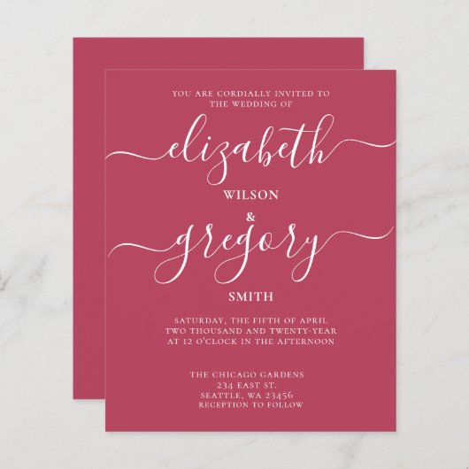 Papier Budget Simple Magenta Moderne Faire-part de mariag (Devant / Derrière)