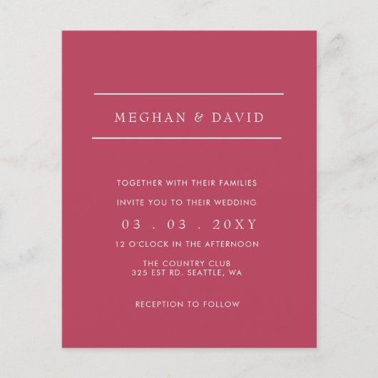 Papier Budget Simple Magenta Moderne Faire-part de mariag (Devant)