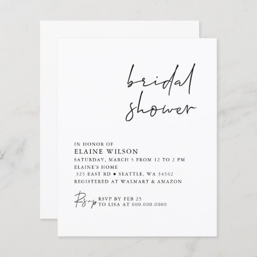 Papier Budget Simple Moderne Invitation De Douche Nuptial (Devant / Derrière)