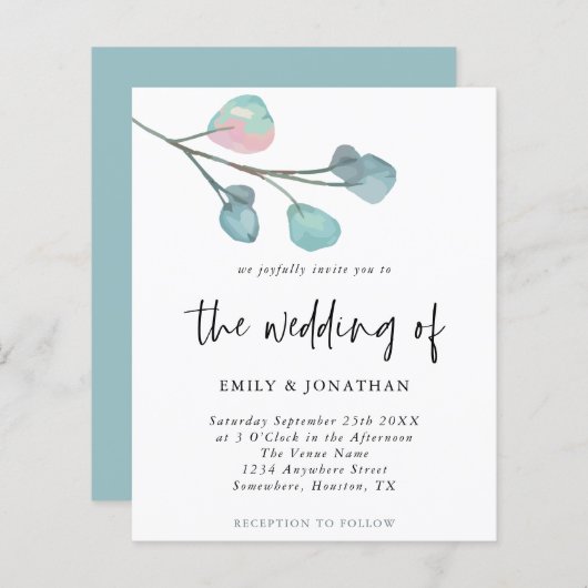 Papier Budget simple Pastel Eucalyptus Faire-part de mari (Devant / Derrière)