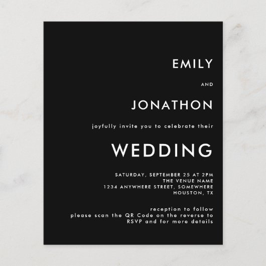 Papier Budget Simple QR Code Invitation de mariage noir (Devant)