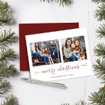 Papier BUDGET Simple Rouge Script Joyeux Noël Photo<br><div class="desc">BUDGET Rustic Red Simple Script Modern Joyeux Noël Photo Carte de vacances avec deux de vos photos préférées et un script simple mais élégant Joyeux voeux de Noël. Le dos est orné d'un arrière - plan rouge hivernal et festif. Parfait pour vos cartes de fin de année cette année !...</div>