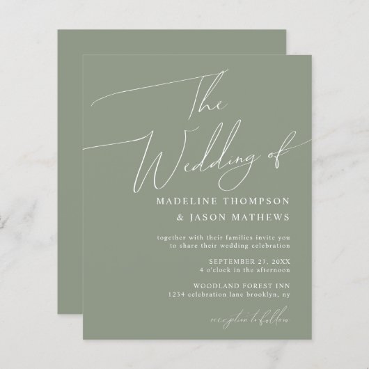 Papier BUDGET Simple Sage Green Script Le Mariage (Devant / Derrière)