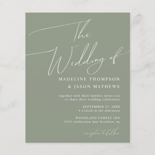 Papier BUDGET Simple Sage Green Script Le Mariage (Devant)
