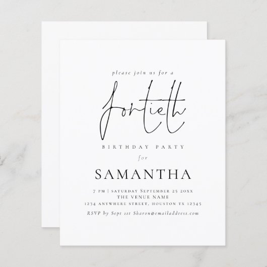 Papier Budget Simple Script 40e anniversaire Invitation d (Devant / Derrière)