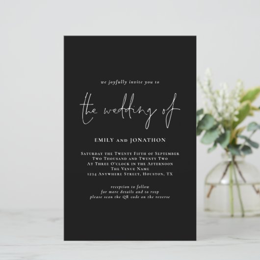 Papier Budget Simple Script QR Code Black Wedding Invitat (Debout devant)