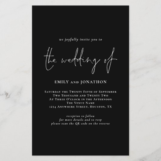 Papier Budget Simple Script QR Code Black Wedding Invitat (Devant)