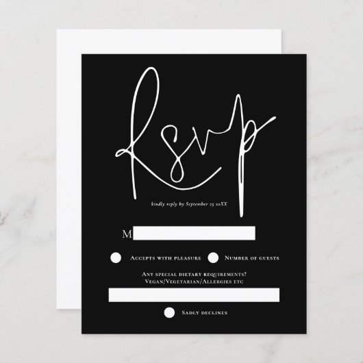 Papier Budget Simple Texte Blanc Noir Mariage RSVP (Devant / Derrière)