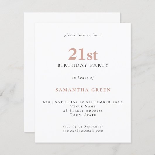 Papier Budget Simple Texte Blush 21e Invitation d'anniver (Devant / Derrière)