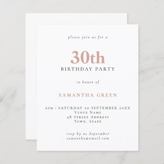 Papier Budget Simple Texte Blush 30e Invitation anniversa (Devant / Derrière)