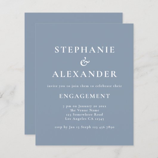 Papier Budget Simple Texte Dusty Blue Engagement Party (Devant / Derrière)