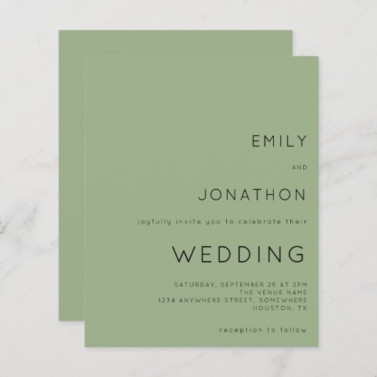 Papier Budget Simple Texte Sage Vert Faire-part de mariag (Devant / Derrière)